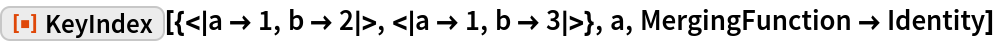 ResourceFunction[
 "KeyIndex"][{<|a -> 1, b -> 2|>, <|a -> 1, b -> 3|>}, a, MergingFunction -> Identity]