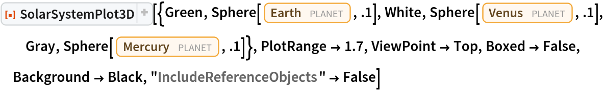 ResourceFunction[
 "SolarSystemPlot3D", ResourceSystemBase -> "https://www.wolframcloud.com/obj/resourcesystem/api/1.0"][{Green, Sphere[Entity["Planet", "Earth"], .1],
   White, Sphere[Entity["Planet", "Venus"], .1], Gray, Sphere[Entity["Planet", "Mercury"], .1]}, PlotRange -> 1.7, ViewPoint -> Top, Boxed -> False, Background -> Black, "IncludeReferenceObjects" -> False]
