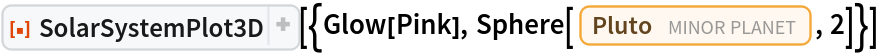 ResourceFunction[
 "SolarSystemPlot3D", ResourceSystemBase -> "https://www.wolframcloud.com/obj/resourcesystem/api/1.0"][{Glow[Pink], Sphere[Entity["MinorPlanet", "Pluto"], 2]}]
