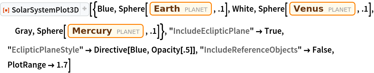 ResourceFunction[
 "SolarSystemPlot3D"][{Blue, Sphere[Entity["Planet", "Earth"], .1], White, Sphere[Entity["Planet", "Venus"], .1], Gray, Sphere[Entity["Planet", "Mercury"], .1]}, "IncludeEclipticPlane" -> True, "EclipticPlaneStyle" -> Directive[Blue, Opacity[.5]], "IncludeReferenceObjects" -> False, PlotRange -> 1.7]