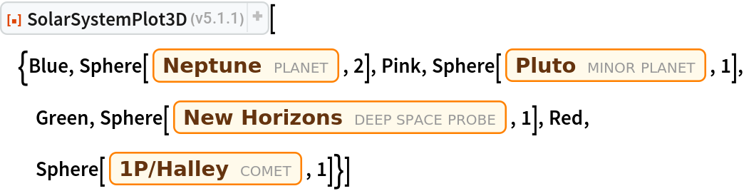 ResourceFunction[
 "SolarSystemPlot3D"][{Blue, Sphere[Entity["Planet", "Neptune"], 2], Pink, Sphere[Entity["MinorPlanet", "Pluto"], 1], Green, Sphere[Entity["DeepSpaceProbe", "NEWHorizons"], 1], Red, Sphere[Entity["Comet", "Comet1PHalley"], 1]}]