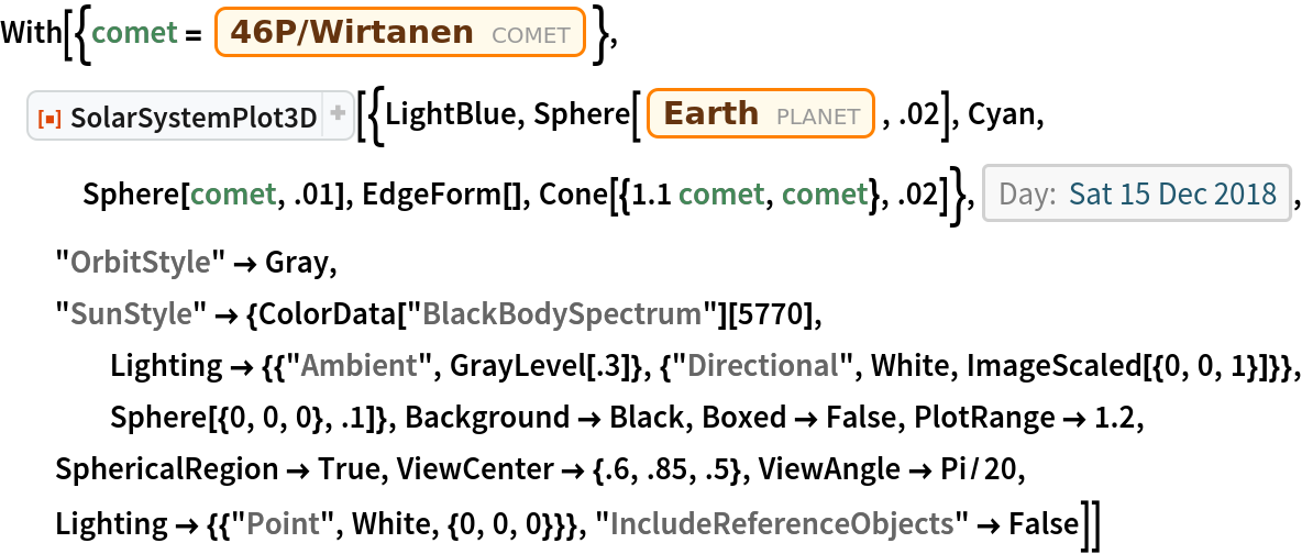 With[{comet = Entity["Comet", "Comet46PWirtanen"]}, ResourceFunction[
  "SolarSystemPlot3D"][{LightBlue, Sphere[Entity["Planet", "Earth"], .02], Cyan, Sphere[comet, .01], EdgeForm[], Cone[{1.1 comet, comet}, .02]}, DateObject[{2018, 12, 15}, "Day", "Gregorian", -6.`], "OrbitStyle" -> Gray, "SunStyle" -> {ColorData["BlackBodySpectrum"][5770], Lighting -> {{"Ambient", GrayLevel[.3]}, {"Directional", White, ImageScaled[{0, 0, 1}]}}, Sphere[{0, 0, 0}, .1]}, Background -> Black, Boxed -> False, PlotRange -> 1.2, SphericalRegion -> True, ViewCenter -> {.6, .85, .5}, ViewAngle -> Pi/20, Lighting -> {{"Point", White, {0, 0, 0}}}, "IncludeReferenceObjects" -> False]]