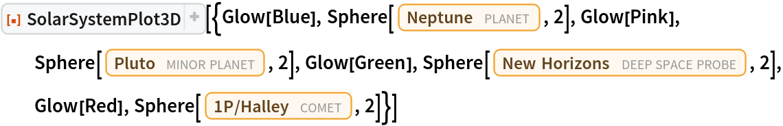 ResourceFunction[
 "SolarSystemPlot3D", ResourceSystemBase -> "https://www.wolframcloud.com/obj/resourcesystem/api/1.0"][{Glow[Blue], Sphere[Entity["Planet", "Neptune"], 2], Glow[Pink], Sphere[Entity["MinorPlanet", "Pluto"], 2], Glow[Green], Sphere[Entity["DeepSpaceProbe", "NEWHorizons"], 2], Glow[Red], Sphere[Entity["Comet", "Comet1PHalley"], 2]}]