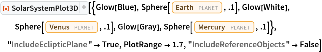 ResourceFunction[
 "SolarSystemPlot3D", ResourceSystemBase -> "https://www.wolframcloud.com/obj/resourcesystem/api/1.0"][{Glow[Blue], Sphere[Entity["Planet", "Earth"], .1], Glow[White], Sphere[Entity["Planet", "Venus"], .1], Glow[Gray], Sphere[Entity["Planet", "Mercury"], .1]}, "IncludeEclipticPlane" -> True, PlotRange -> 1.7, "IncludeReferenceObjects" -> False]