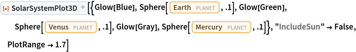 ResourceFunction[
 "SolarSystemPlot3D", ResourceSystemBase -> "https://www.wolframcloud.com/obj/resourcesystem/api/1.0"][{Glow[Blue], Sphere[Entity["Planet", "Earth"], .1], Glow[Green], Sphere[Entity["Planet", "Venus"], .1], Glow[Gray], Sphere[Entity["Planet", "Mercury"], .1]}, "IncludeSun" -> False, PlotRange -> 1.7]