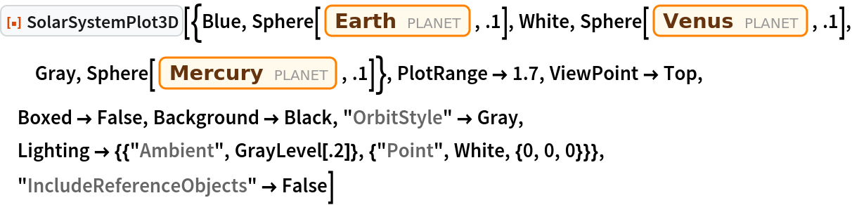 ResourceFunction["SolarSystemPlot3D", ResourceVersion->"5.0.0"][{Blue, Sphere[Entity["Planet", "Earth"], .1], White, Sphere[Entity["Planet", "Venus"], .1], Gray, Sphere[Entity["Planet", "Mercury"], .1]}, PlotRange -> 1.7, ViewPoint -> Top, Boxed -> False, Background -> Black, "OrbitStyle" -> Gray, Lighting -> {{"Ambient", GrayLevel[.2]}, {"Point", White, {0, 0, 0}}}, "IncludeReferenceObjects" -> False]