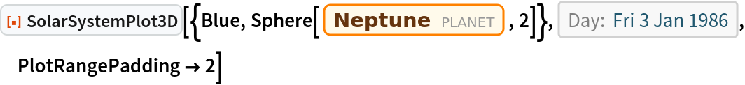 ResourceFunction["SolarSystemPlot3D", ResourceVersion->"5.0.0"][{Blue, Sphere[Entity["Planet", "Neptune"], 2]}, DateObject[{1986, 1, 3}, "Day", "Gregorian", -6.`], PlotRangePadding -> 2]