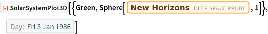 ResourceFunction["SolarSystemPlot3D", ResourceVersion->"5.0.0"][{Green, Sphere[Entity["DeepSpaceProbe", "NEWHorizons"], 1]}, DateObject[{1986, 1, 3}, "Day", "Gregorian", -6.`]]