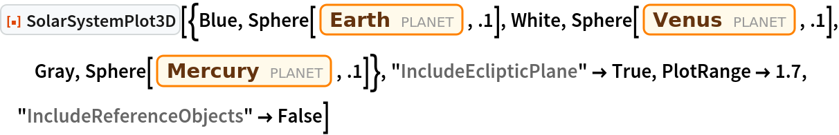 ResourceFunction["SolarSystemPlot3D", ResourceVersion->"5.0.0"][{Blue, Sphere[Entity["Planet", "Earth"], .1], White, Sphere[Entity["Planet", "Venus"], .1], Gray, Sphere[Entity["Planet", "Mercury"], .1]}, "IncludeEclipticPlane" -> True, PlotRange -> 1.7, "IncludeReferenceObjects" -> False]