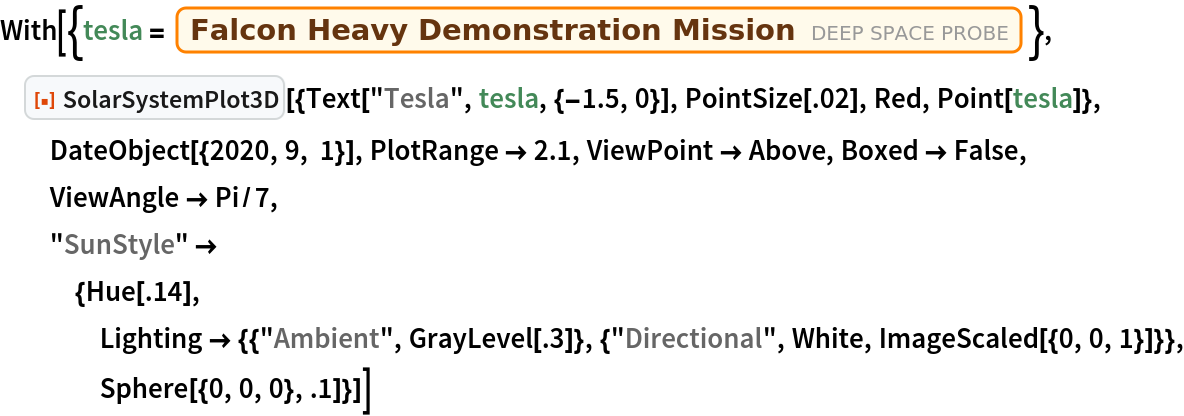 With[{tesla = Entity["DeepSpaceProbe", "FalconHeavyDemonstrationMission"]},
 ResourceFunction["SolarSystemPlot3D", ResourceVersion->"5.0.0"][{Text["Tesla", tesla, {-1.5, 0}], PointSize[.02], Red, Point[tesla]}, DateObject[{2020, 9, 1}], PlotRange -> 2.1, ViewPoint -> Above, Boxed -> False, ViewAngle -> Pi/7, "SunStyle" -> {Hue[.14], Lighting -> {{"Ambient", GrayLevel[.3]}, {"Directional", White, ImageScaled[{0, 0, 1}]}}, Sphere[{0, 0, 0}, .1]}]]