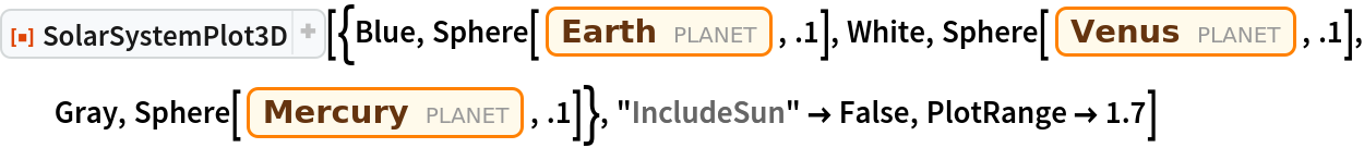 ResourceFunction["SolarSystemPlot3D", ResourceVersion->"5.1.0"][{Blue, Sphere[Entity["Planet", "Earth"], .1], White, Sphere[Entity["Planet", "Venus"], .1], Gray, Sphere[Entity["Planet", "Mercury"], .1]}, "IncludeSun" -> False, PlotRange -> 1.7]