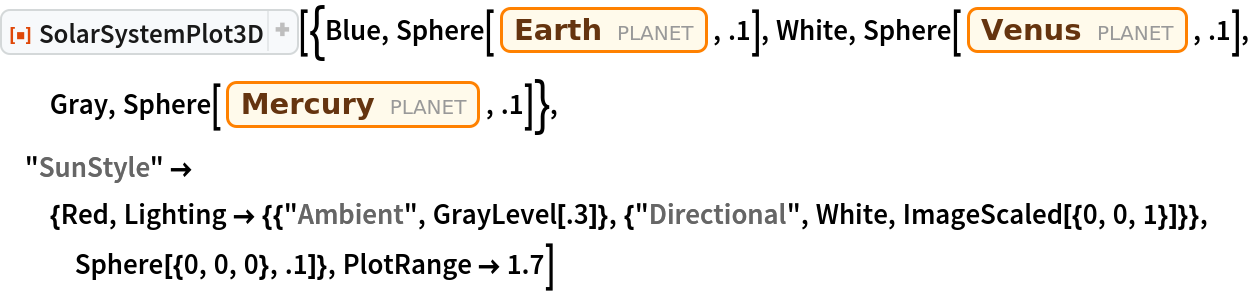 ResourceFunction["SolarSystemPlot3D", ResourceVersion->"5.1.0"][{Blue, Sphere[Entity["Planet", "Earth"], .1], White, Sphere[Entity["Planet", "Venus"], .1], Gray, Sphere[Entity["Planet", "Mercury"], .1]}, "SunStyle" -> {Red, Lighting -> {{"Ambient", GrayLevel[.3]}, {"Directional", White, ImageScaled[{0, 0, 1}]}}, Sphere[{0, 0, 0}, .1]}, PlotRange -> 1.7]