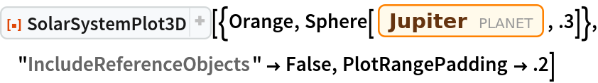 ResourceFunction["SolarSystemPlot3D", ResourceVersion->"5.1.2"][{Orange, Sphere[Entity["Planet", "Jupiter"], .3]}, "IncludeReferenceObjects" -> False, PlotRangePadding -> .2]