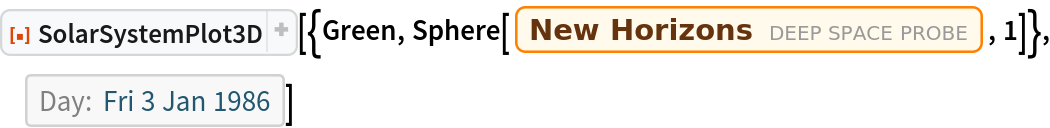 ResourceFunction["SolarSystemPlot3D", ResourceVersion->"5.1.2"][{Green, Sphere[Entity["DeepSpaceProbe", "NEWHorizons"], 1]}, DateObject[{1986, 1, 3}, "Day", "Gregorian", -6.`]]