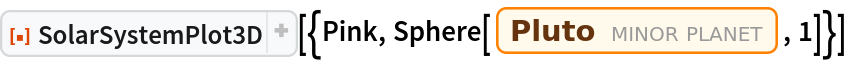 ResourceFunction["SolarSystemPlot3D", ResourceVersion->"5.1.2"][{Pink, Sphere[Entity["MinorPlanet", "Pluto"], 1]}]