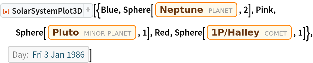 ResourceFunction["SolarSystemPlot3D", ResourceVersion->"5.1.2"][{Blue, Sphere[Entity["Planet", "Neptune"], 2], Pink, Sphere[Entity["MinorPlanet", "Pluto"], 1], Red, Sphere[Entity["Comet", "Comet1PHalley"], 1]}, DateObject[{1986, 1, 3}, "Day", "Gregorian", -6.`]]