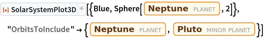 ResourceFunction["SolarSystemPlot3D", ResourceVersion->"5.1.2"][{Blue, Sphere[Entity["Planet", "Neptune"], 2]}, "OrbitsToInclude" -> {Entity["Planet", "Neptune"], Entity["MinorPlanet", "Pluto"]}]