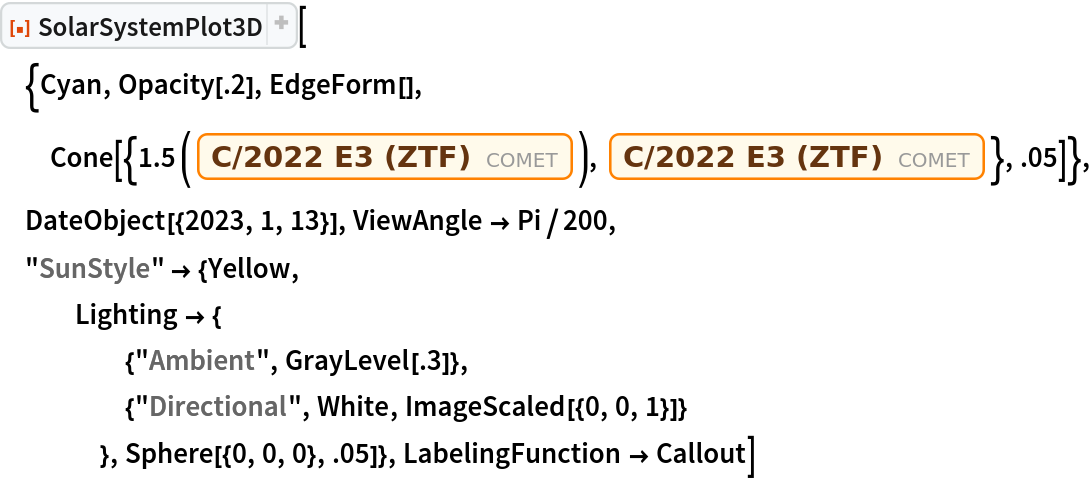 ResourceFunction["SolarSystemPlot3D", ResourceVersion->"5.1.2"][{Cyan, Opacity[.2], EdgeForm[], Cone[{1.5 (Entity["Comet", "CometC2022E3ZTF"]), Entity["Comet", "CometC2022E3ZTF"]}, .05]}, DateObject[{2023, 1, 13}], ViewAngle -> Pi/200,
 "SunStyle" -> {Yellow,
   Lighting -> {
     {"Ambient", GrayLevel[.3]},
     {"Directional", White, ImageScaled[{0, 0, 1}]}
     }, Sphere[{0, 0, 0}, .05]}, LabelingFunction -> Callout]