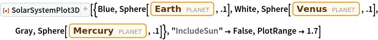 ResourceFunction["SolarSystemPlot3D", ResourceVersion->"5.1.2"][{Blue, Sphere[Entity["Planet", "Earth"], .1], White, Sphere[Entity["Planet", "Venus"], .1], Gray, Sphere[Entity["Planet", "Mercury"], .1]}, "IncludeSun" -> False, PlotRange -> 1.7]