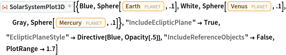 ResourceFunction["SolarSystemPlot3D", ResourceVersion->"5.2.0"][{Blue, Sphere[Entity["Planet", "Earth"], .1], White, Sphere[Entity["Planet", "Venus"], .1], Gray, Sphere[Entity["Planet", "Mercury"], .1]}, "IncludeEclipticPlane" -> True, "EclipticPlaneStyle" -> Directive[Blue, Opacity[.5]], "IncludeReferenceObjects" -> False, PlotRange -> 1.7]