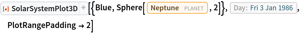 ResourceFunction["SolarSystemPlot3D", ResourceVersion->"5.2.0"][{Blue, Sphere[Entity["Planet", "Neptune"], 2]}, DateObject[{1986, 1, 3}, "Day", "Gregorian", -6.`], PlotRangePadding -> 2]