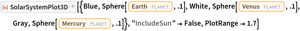ResourceFunction["SolarSystemPlot3D", ResourceVersion->"5.2.0"][{Blue, Sphere[Entity["Planet", "Earth"], .1], White, Sphere[Entity["Planet", "Venus"], .1], Gray, Sphere[Entity["Planet", "Mercury"], .1]}, "IncludeSun" -> False, PlotRange -> 1.7]