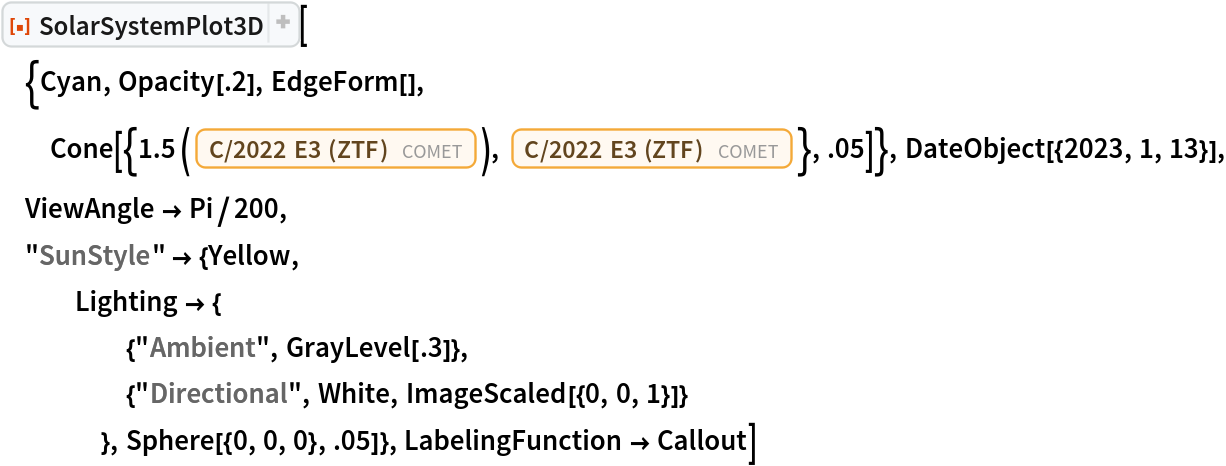 ResourceFunction["SolarSystemPlot3D", ResourceVersion->"5.2.0"][{Cyan, Opacity[.2], EdgeForm[], Cone[{1.5 (Entity["Comet", "CometC2022E3ZTF"]), Entity["Comet", "CometC2022E3ZTF"]}, .05]}, DateObject[{2023, 1, 13}], ViewAngle -> Pi/200,
 "SunStyle" -> {Yellow,
   Lighting -> {
     {"Ambient", GrayLevel[.3]},
     {"Directional", White, ImageScaled[{0, 0, 1}]}
     }, Sphere[{0, 0, 0}, .05]}, LabelingFunction -> Callout]
