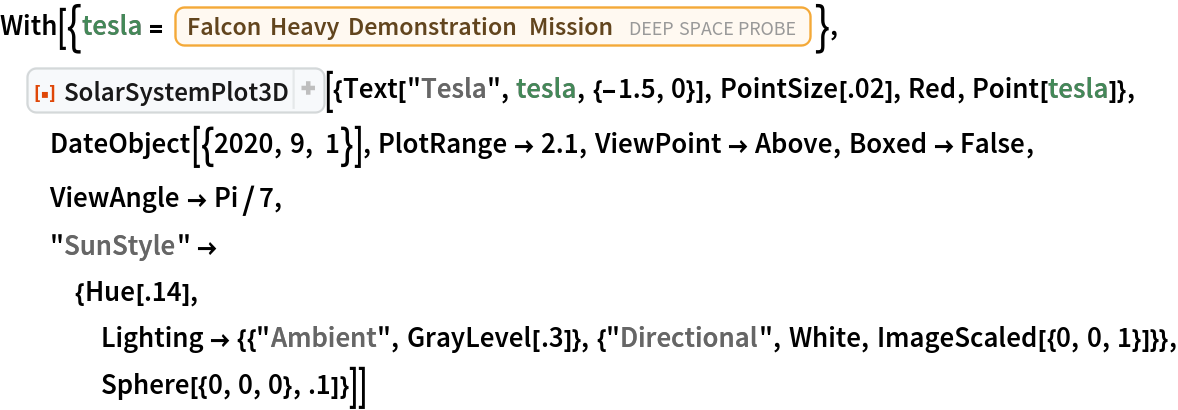 With[{tesla = Entity["DeepSpaceProbe", "FalconHeavyDemonstrationMission"]},
 ResourceFunction["SolarSystemPlot3D", ResourceVersion->"5.2.0"][{Text["Tesla", tesla, {-1.5, 0}], PointSize[.02], Red, Point[tesla]}, DateObject[{2020, 9, 1}], PlotRange -> 2.1, ViewPoint -> Above, Boxed -> False, ViewAngle -> Pi/7, "SunStyle" -> {Hue[.14], Lighting -> {{"Ambient", GrayLevel[.3]}, {"Directional", White, ImageScaled[{0, 0, 1}]}}, Sphere[{0, 0, 0}, .1]}]]