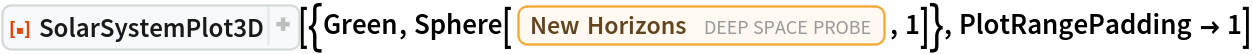 ResourceFunction["SolarSystemPlot3D", ResourceVersion->"5.2.0"][{Green, Sphere[Entity["DeepSpaceProbe", "NEWHorizons"], 1]}, PlotRangePadding -> 1]