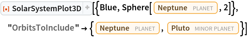 ResourceFunction["SolarSystemPlot3D", ResourceVersion->"5.2.0"][{Blue, Sphere[Entity["Planet", "Neptune"], 2]}, "OrbitsToInclude" -> {Entity["Planet", "Neptune"], Entity["MinorPlanet", "Pluto"]}]