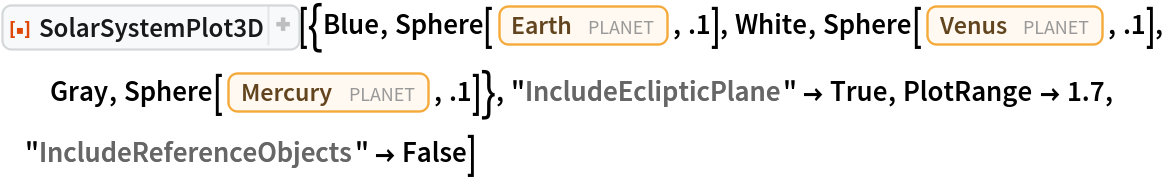 ResourceFunction["SolarSystemPlot3D", ResourceVersion->"5.2.0"][{Blue, Sphere[Entity["Planet", "Earth"], .1], White, Sphere[Entity["Planet", "Venus"], .1], Gray, Sphere[Entity["Planet", "Mercury"], .1]}, "IncludeEclipticPlane" -> True, PlotRange -> 1.7, "IncludeReferenceObjects" -> False]