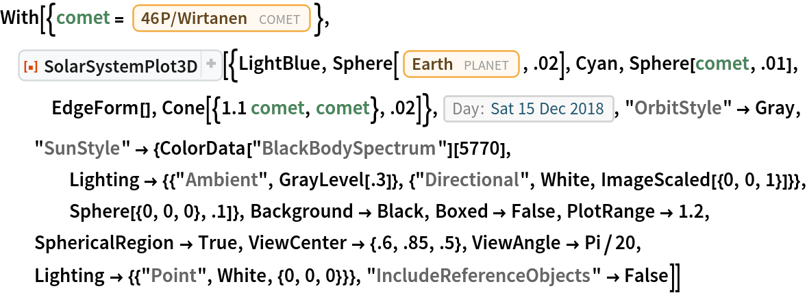 With[{comet = Entity["Comet", "Comet46PWirtanen"]}, ResourceFunction["SolarSystemPlot3D", ResourceVersion->"5.2.0"][{LightBlue, Sphere[Entity["Planet", "Earth"], .02], Cyan, Sphere[comet, .01], EdgeForm[], Cone[{1.1 comet, comet}, .02]}, DateObject[{2018, 12, 15}, "Day", "Gregorian", -6.`], "OrbitStyle" -> Gray, "SunStyle" -> {ColorData["BlackBodySpectrum"][5770], Lighting -> {{"Ambient", GrayLevel[.3]}, {"Directional", White, ImageScaled[{0, 0, 1}]}}, Sphere[{0, 0, 0}, .1]}, Background -> Black, Boxed -> False, PlotRange -> 1.2, SphericalRegion -> True, ViewCenter -> {.6, .85, .5}, ViewAngle -> Pi/20, Lighting -> {{"Point", White, {0, 0, 0}}}, "IncludeReferenceObjects" -> False]]