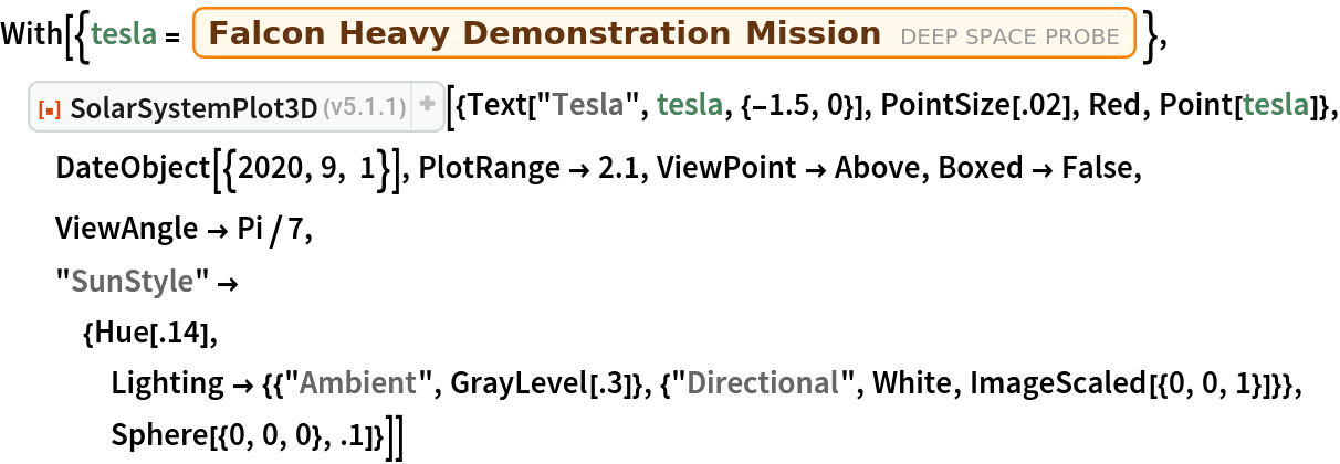 With[{tesla = Entity["DeepSpaceProbe", "FalconHeavyDemonstrationMission"]},
 ResourceFunction[
  "SolarSystemPlot3D"][{Text["Tesla", tesla, {-1.5, 0}], PointSize[.02], Red, Point[tesla]}, DateObject[{2020, 9, 1}], PlotRange -> 2.1, ViewPoint -> Above, Boxed -> False, ViewAngle -> Pi/7, "SunStyle" -> {Hue[.14], Lighting -> {{"Ambient", GrayLevel[.3]}, {"Directional", White, ImageScaled[{0, 0, 1}]}}, Sphere[{0, 0, 0}, .1]}]]