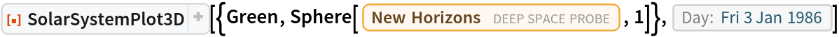 ResourceFunction[
 "SolarSystemPlot3D", ResourceSystemBase -> "https://www.wolframcloud.com/obj/resourcesystem/api/1.0"][{Green, Sphere[Entity["DeepSpaceProbe", "NEWHorizons"], 1]}, DateObject[{1986, 1, 3}, "Day", "Gregorian", -6.`]]