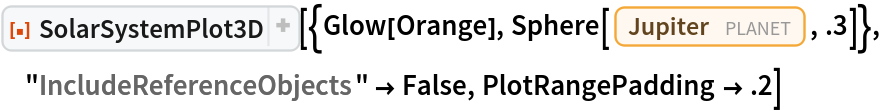 ResourceFunction[
 "SolarSystemPlot3D", ResourceSystemBase -> "https://www.wolframcloud.com/obj/resourcesystem/api/1.0"][{Glow[Orange], Sphere[Entity["Planet", "Jupiter"], .3]}, "IncludeReferenceObjects" -> False, PlotRangePadding -> .2]