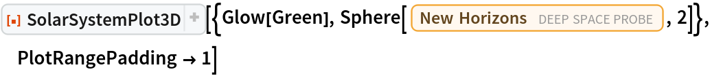 ResourceFunction[
 "SolarSystemPlot3D", ResourceSystemBase -> "https://www.wolframcloud.com/obj/resourcesystem/api/1.0"][{Glow[Green], Sphere[Entity["DeepSpaceProbe", "NEWHorizons"], 2]}, PlotRangePadding -> 1]