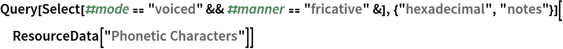 Query[Select[#mode == "voiced" && #manner == "fricative" &], {"hexadecimal", "notes"}][ResourceData[\!\(\*
TagBox["\"\<Phonetic Characters\>\"",
#& ,
BoxID -> "ResourceTag-Phonetic Characters-Input",
AutoDelete->True]\)]]