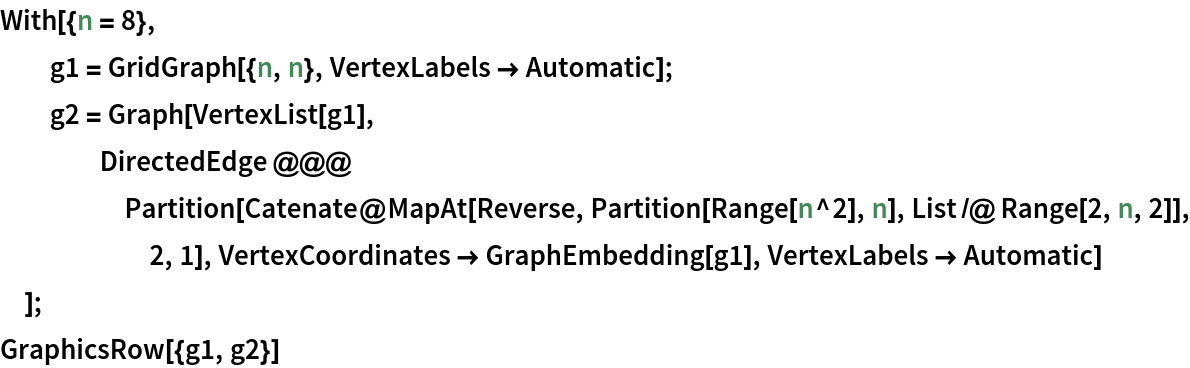 With[{n = 8},
  g1 = GridGraph[{n, n}, VertexLabels -> Automatic];
  g2 = Graph[VertexList[g1], DirectedEdge @@@ Partition[
      Catenate@
       MapAt[Reverse, Partition[Range[n^2], n], List /@ Range[2, n, 2]], 2, 1], VertexCoordinates -> GraphEmbedding[g1], VertexLabels -> Automatic]
  ];
GraphicsRow[{g1, g2}]