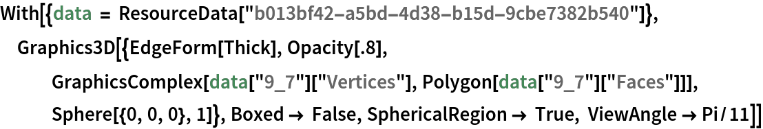With[{data = ResourceData["b013bf42-a5bd-4d38-b15d-9cbe7382b540"]}, Graphics3D[{EdgeForm[Thick], Opacity[.8], GraphicsComplex[data["9_7"]["Vertices"], Polygon[data["9_7"]["Faces"]]], Sphere[{0, 0, 0}, 1]}, Boxed -> False, SphericalRegion -> True, ViewAngle -> Pi/11]]