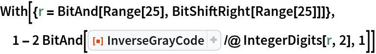 With[{r = BitAnd[Range[25], BitShiftRight[Range[25]]]}, 1 - 2 BitAnd[
    ResourceFunction["InverseGrayCode"] /@ IntegerDigits[r, 2], 1]]