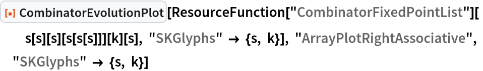 ResourceFunction["CombinatorEvolutionPlot"][
 ResourceFunction["CombinatorFixedPointList"][s[s][s][s[s[s]]][k][s], "SKGlyphs" -> {s, k}], "ArrayPlotRightAssociative", "SKGlyphs" -> {s, k}]