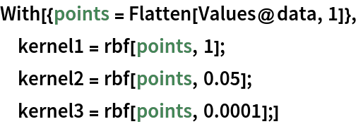 With[{points = Flatten[Values@data, 1]},
 kernel1 = rbf[points, 1];
 kernel2 = rbf[points, 0.05];
 kernel3 = rbf[points, 0.0001];]