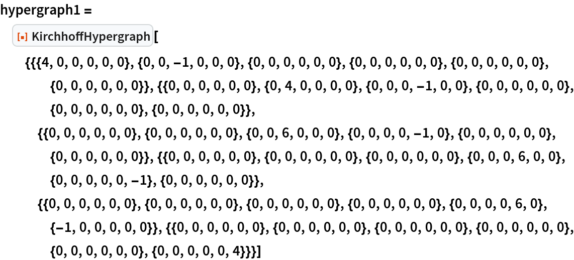 hypergraph1 = ResourceFunction[
  "KirchhoffHypergraph"][{{{4, 0, 0, 0, 0, 0}, {0, 0, -1, 0, 0, 0}, {0, 0, 0, 0, 0, 0}, {0, 0, 0, 0, 0, 0}, {0, 0, 0, 0, 0, 0}, {0, 0, 0, 0, 0, 0}}, {{0, 0, 0, 0, 0, 0}, {0, 4, 0, 0, 0, 0}, {0, 0, 0, -1, 0, 0}, {0, 0, 0, 0, 0, 0}, {0, 0, 0, 0, 0, 0}, {0, 0, 0, 0, 0, 0}}, {{0, 0, 0, 0, 0, 0}, {0, 0, 0, 0, 0, 0}, {0, 0, 6, 0, 0, 0}, {0, 0, 0, 0, -1, 0}, {0, 0, 0, 0, 0, 0}, {0, 0, 0, 0, 0, 0}}, {{0, 0, 0, 0, 0, 0}, {0, 0, 0, 0, 0, 0}, {0, 0, 0, 0, 0, 0}, {0, 0, 0, 6, 0, 0}, {0, 0, 0, 0, 0, -1}, {0, 0, 0, 0, 0, 0}}, {{0, 0, 0, 0, 0, 0}, {0, 0, 0, 0, 0,
      0}, {0, 0, 0, 0, 0, 0}, {0, 0, 0, 0, 0, 0}, {0, 0, 0, 0, 6, 0}, {-1, 0, 0, 0, 0, 0}}, {{0, 0, 0, 0, 0, 0}, {0, 0, 0, 0, 0, 0}, {0, 0, 0, 0, 0, 0}, {0, 0, 0, 0, 0, 0}, {0, 0, 0, 0, 0, 0}, {0, 0, 0, 0, 0, 4}}}]