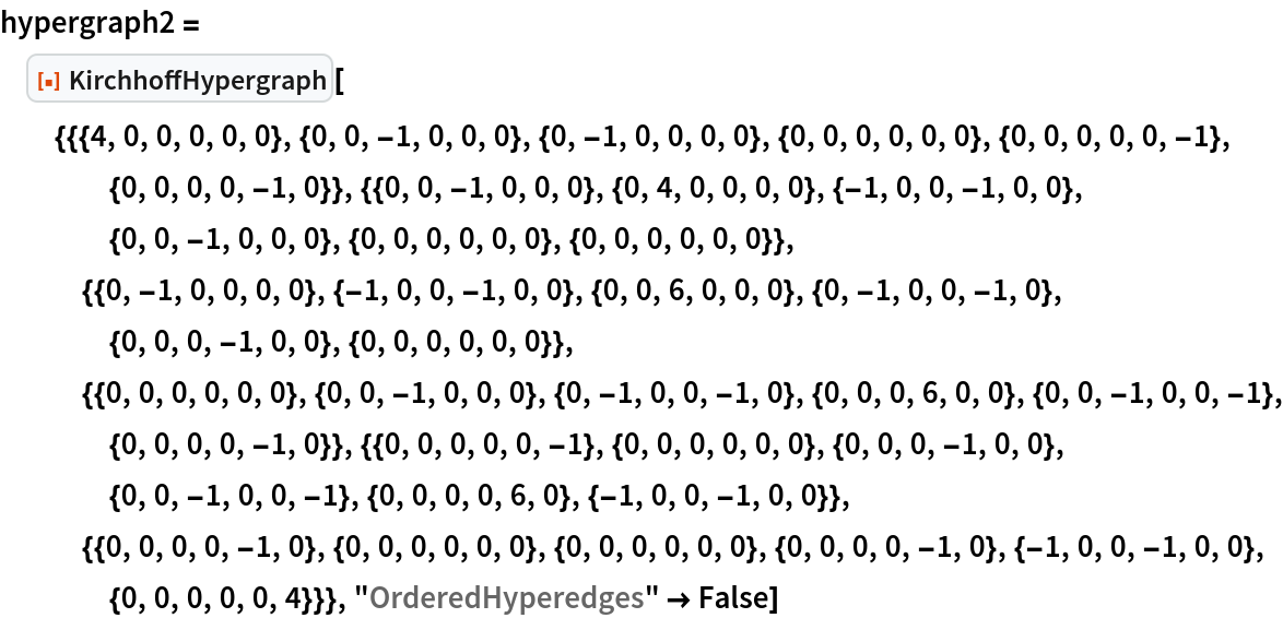 hypergraph2 = ResourceFunction[
  "KirchhoffHypergraph"][{{{4, 0, 0, 0, 0, 0}, {0, 0, -1, 0, 0, 0}, {0, -1, 0, 0, 0, 0}, {0, 0, 0, 0, 0, 0}, {0, 0, 0, 0, 0, -1}, {0, 0, 0, 0, -1, 0}}, {{0, 0, -1, 0, 0, 0}, {0, 4, 0, 0, 0, 0}, {-1, 0, 0, -1, 0, 0}, {0, 0, -1, 0, 0, 0}, {0, 0, 0, 0, 0,
      0}, {0, 0, 0, 0, 0, 0}}, {{0, -1, 0, 0, 0, 0}, {-1, 0, 0, -1, 0,
      0}, {0, 0, 6, 0, 0, 0}, {0, -1, 0, 0, -1, 0}, {0, 0, 0, -1, 0, 0}, {0, 0, 0, 0, 0, 0}}, {{0, 0, 0, 0, 0, 0}, {0, 0, -1, 0, 0, 0}, {0, -1, 0, 0, -1, 0}, {0, 0, 0, 6, 0, 0}, {0, 0, -1, 0, 0, -1}, {0, 0, 0, 0, -1, 0}}, {{0, 0, 0, 0, 0, -1}, {0, 0, 0, 0, 0, 0}, {0, 0, 0, -1, 0, 0}, {0, 0, -1, 0, 0, -1}, {0, 0, 0, 0, 6,
      0}, {-1, 0, 0, -1, 0, 0}}, {{0, 0, 0, 0, -1, 0}, {0, 0, 0, 0, 0,
      0}, {0, 0, 0, 0, 0, 0}, {0, 0, 0, 0, -1, 0}, {-1, 0, 0, -1, 0, 0}, {0, 0, 0, 0, 0, 4}}}, "OrderedHyperedges" -> False]