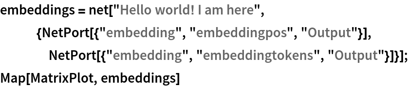 embeddings = net["Hello world! I am here", {NetPort[{"embedding", "embeddingpos",
       "Output"}], NetPort[{"embedding", "embeddingtokens", "Output"}]}];
Map[MatrixPlot, embeddings]