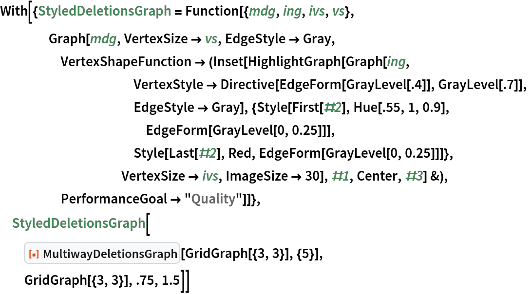 With[{StyledDeletionsGraph = Function[{mdg, ing, ivs, vs},
    Graph[mdg, VertexSize -> vs, EdgeStyle -> Gray,
     VertexShapeFunction -> (Inset[HighlightGraph[Graph[ing, VertexStyle -> Directive[EdgeForm[GrayLevel[.4]], GrayLevel[.7]],
           EdgeStyle -> Gray], {Style[First[#2], Hue[.55, 1, 0.9],
            EdgeForm[GrayLevel[0, 0.25]]],
           Style[Last[#2], Red, EdgeForm[GrayLevel[0, 0.25]]]},
          VertexSize -> ivs, ImageSize -> 30], #1, Center, #3] &),
     PerformanceGoal -> "Quality"]]},
 StyledDeletionsGraph[
  ResourceFunction["MultiwayDeletionsGraph"][GridGraph[{3, 3}], {5}],
  GridGraph[{3, 3}], .75, 1.5]]