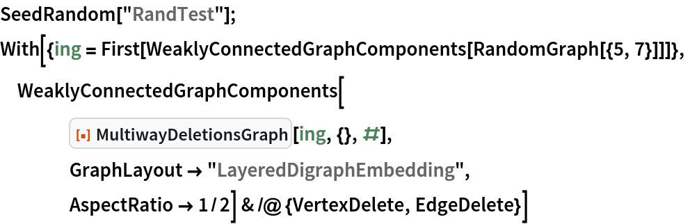 SeedRandom["RandTest"];
With[{ing = First[WeaklyConnectedGraphComponents[RandomGraph[{5, 7}]]]},
 WeaklyConnectedGraphComponents[
    ResourceFunction["MultiwayDeletionsGraph"][ing, {}, #],
    GraphLayout -> "LayeredDigraphEmbedding",
    AspectRatio -> 1/2] & /@ {VertexDelete, EdgeDelete}]