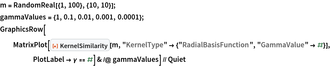 m = RandomReal[{1, 100}, {10, 10}];
gammaValues = {1, 0.1, 0.01, 0.001, 0.0001};
GraphicsRow[
  MatrixPlot[
     ResourceFunction["KernelSimilarity"][m, "KernelType" -> {"RadialBasisFunction", "GammaValue" -> #}], PlotLabel -> \[Gamma] == #] & /@ gammaValues] // Quiet