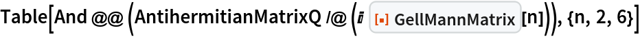 Table[And @@ (AntihermitianMatrixQ /@ (I ResourceFunction[
       "GellMannMatrix"][n])), {n, 2, 6}]
