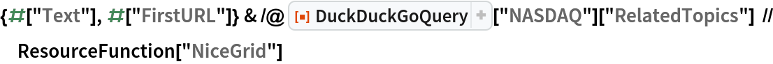 {#["Text"], #["FirstURL"]} & /@ ResourceFunction["DuckDuckGoQuery"]["NASDAQ"]["RelatedTopics"] // ResourceFunction["NiceGrid"]
